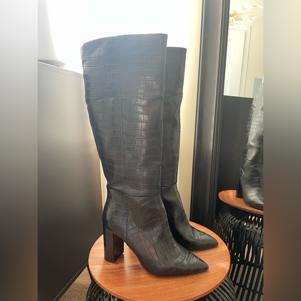 H&M Black Faux Croc Knee High Boots